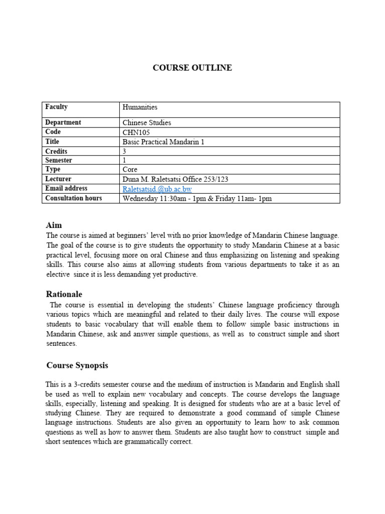 Basic Practical Mandarin 1 Course Outline | PDF | Standard Chinese ...
