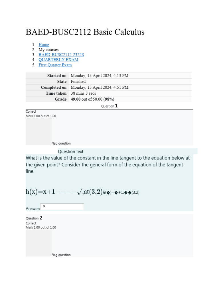 BAED-BUSC2112 Calculus Exam Results | PDF | Function (Mathematics ...