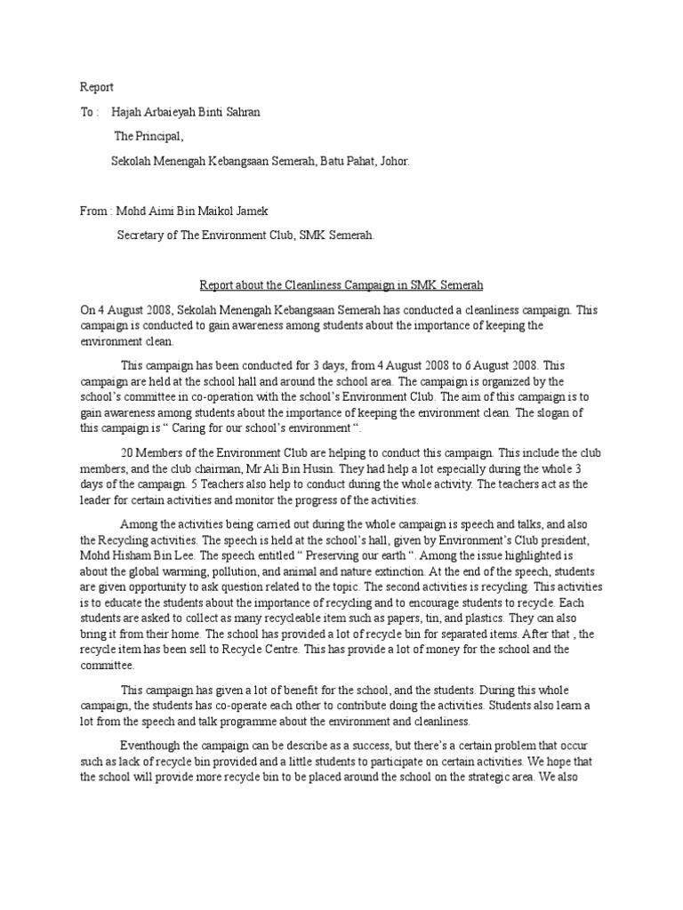 report example essay environment week REPORT Natural   Club the  Environment Environment Recycling