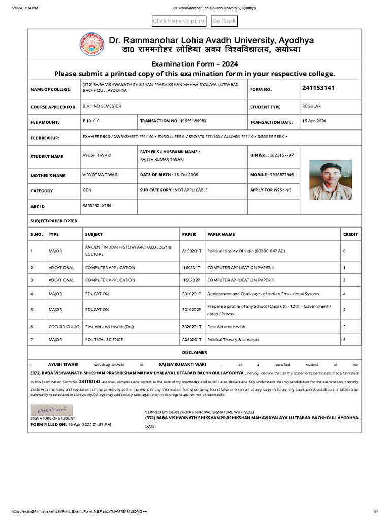Dr. Rammanohar Lohia Avadh University, Ayoush | PDF