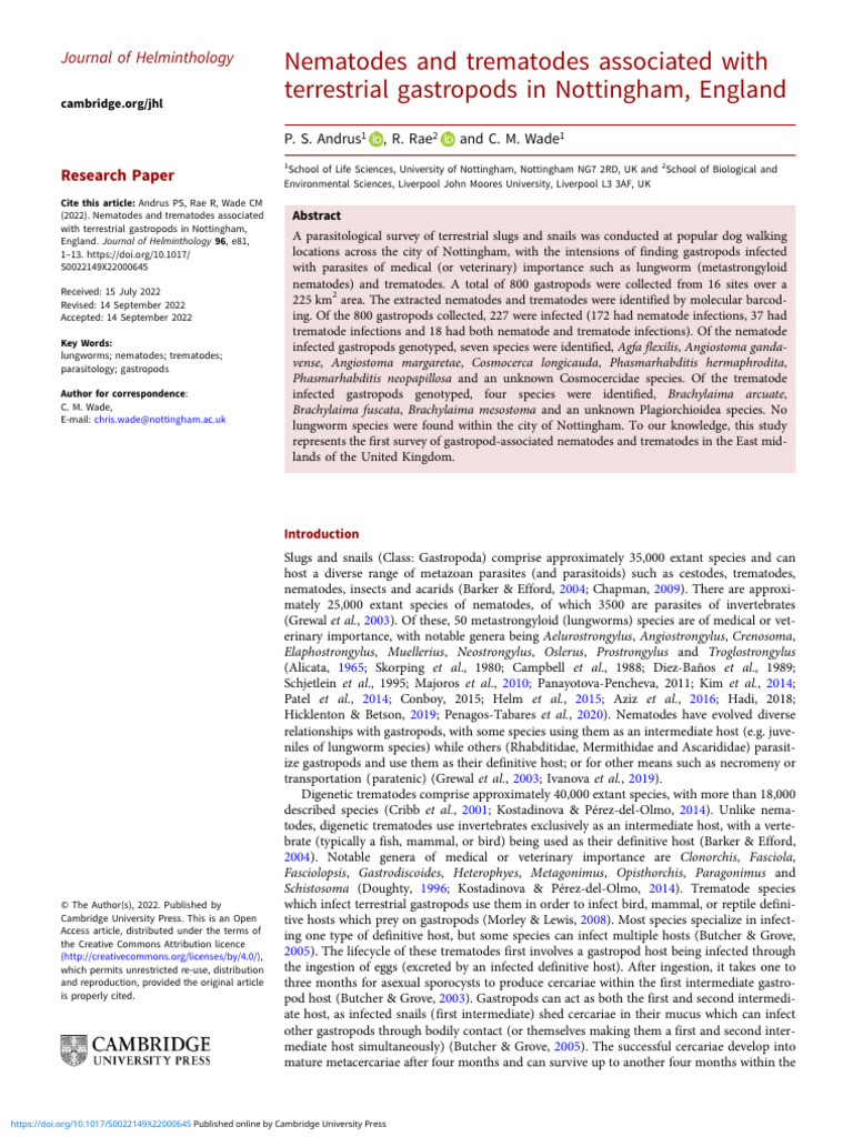 Nematodes and Trematodes in Nottingham Gastropods | PDF | Primer ...