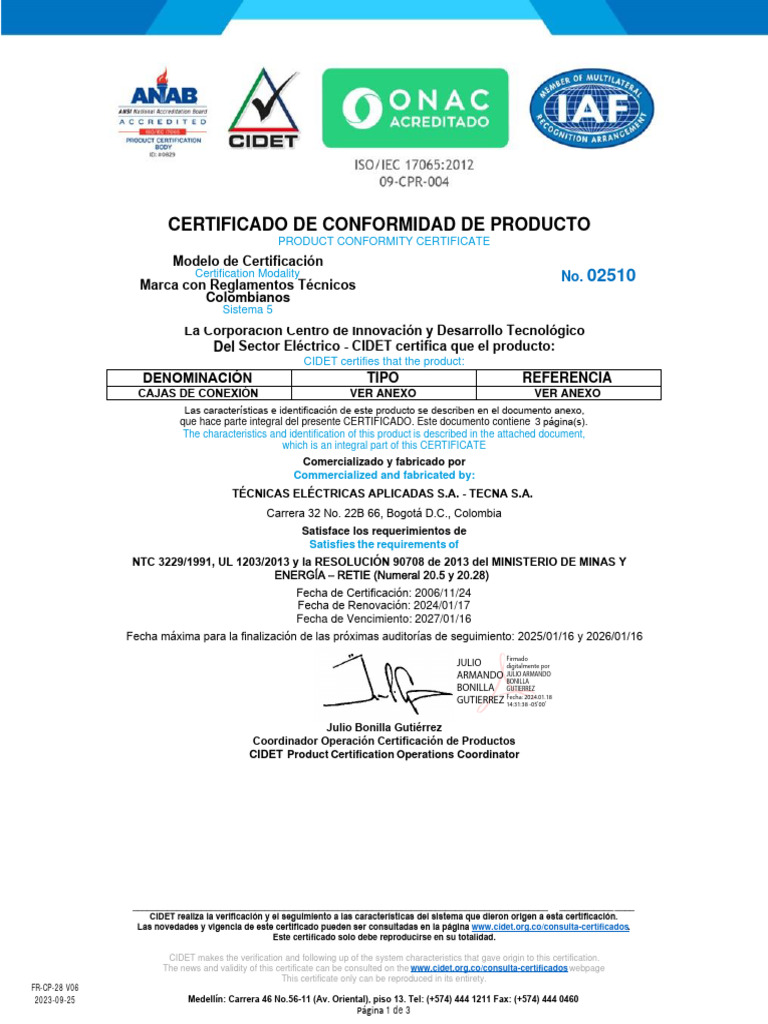 Tecna s a certificado retie no 02510 cajas nema 7 actualizado
