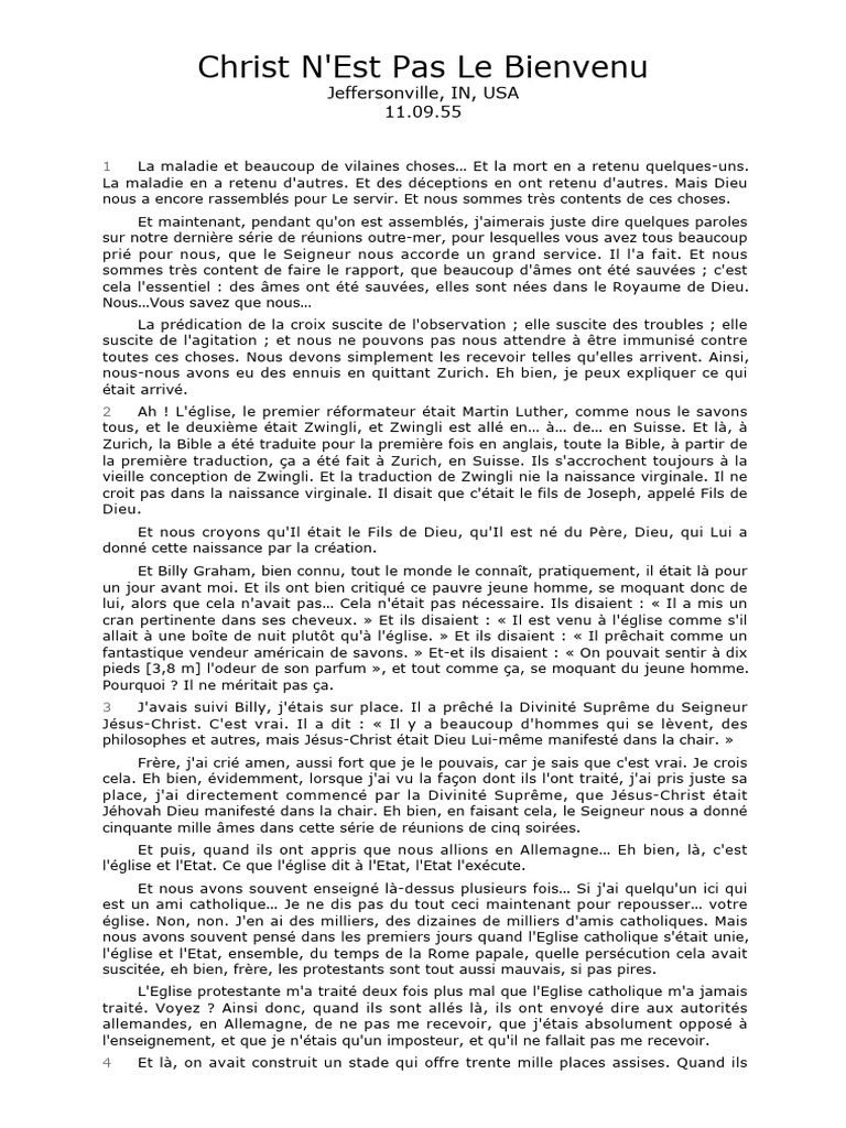 Prédication de Branham : Christ N'est Pas Bienvenu | PDF | Dieu | Saint ...
