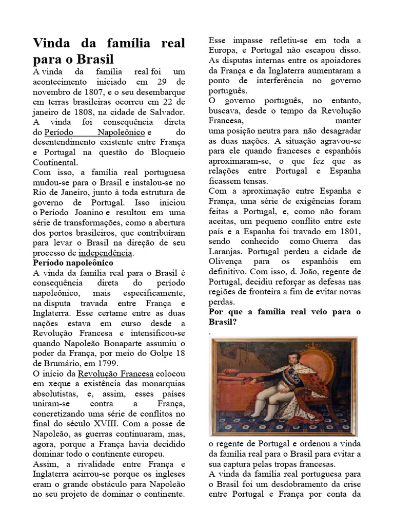 Vinda Da Família Real para o Brasil COM ATIVIDADES | PDF | Brasil ...