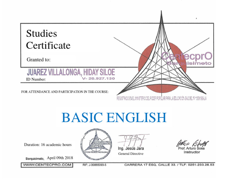 Basic English Course Completion Certificate | PDF