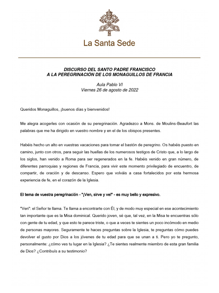 Discurso Del Santo Padre Francisco A La Peregrinacion De Monaguillos De