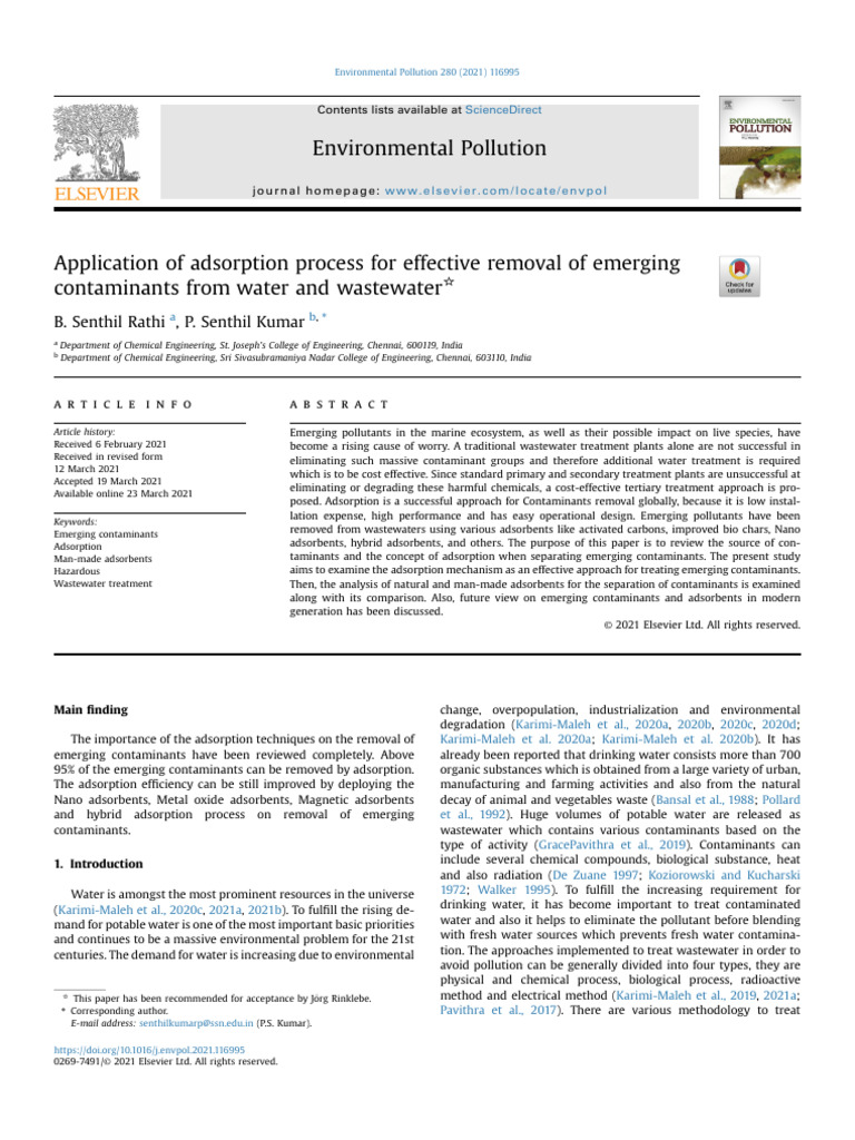 Adsorption for Emerging Contaminants | PDF | Adsorption | Water Treatment