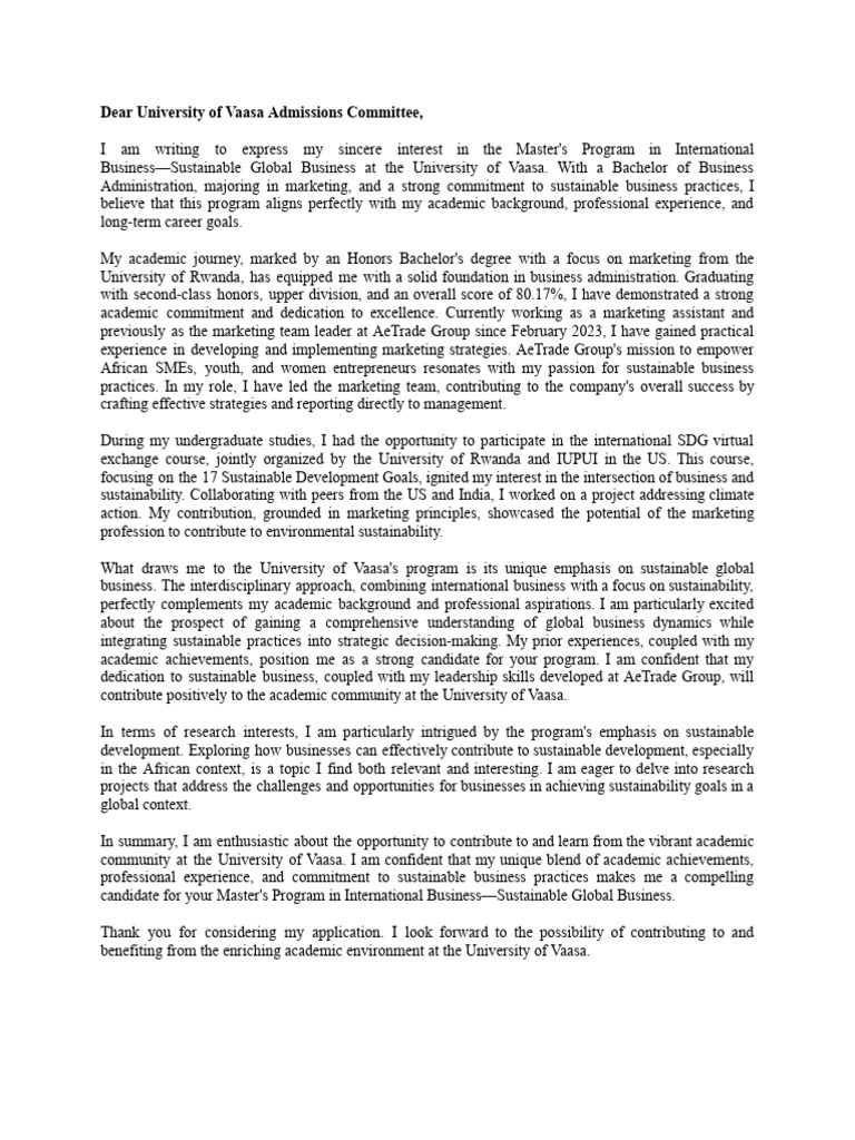 Motivation letter international business sustainable global business
