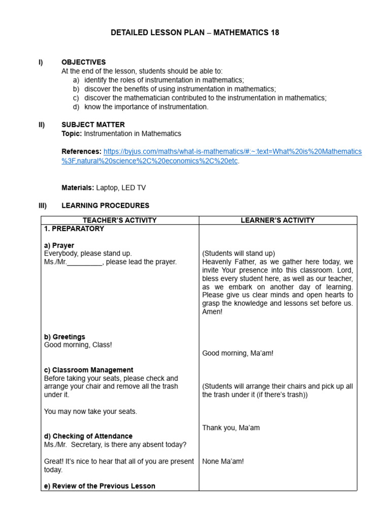 Detailed Lesson Plan Myra (Math 18) | PDF | Mathematics | Geometry
