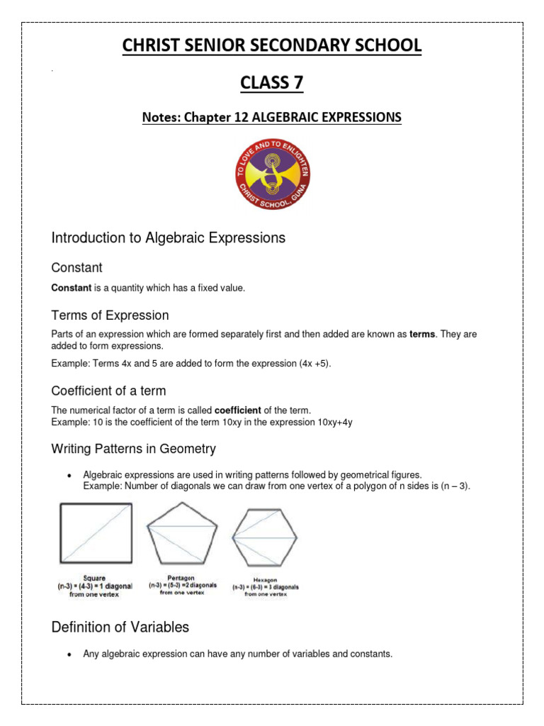 Algebraic Expressions for Class 7 Students | PDF | Variable ...