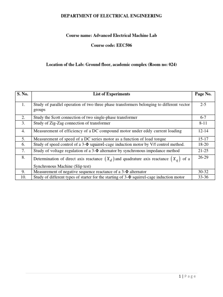 PG - 01 - EEC506 - Advanced Electrical Machine Lab Manual | PDF ...