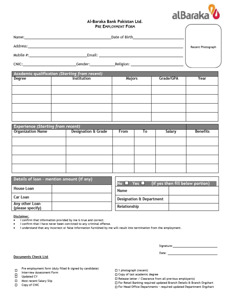 Pre Employment Form | PDF