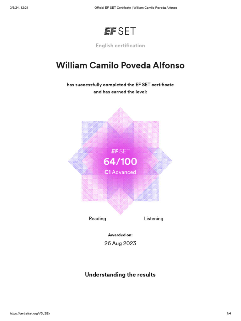 Camilo Poveda's C1 EF SET Certificate | PDF | Human Communication ...