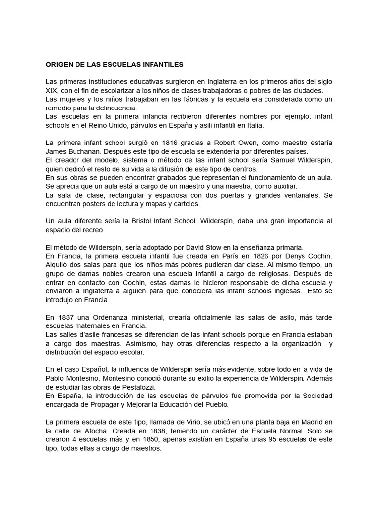 Historia de las Escuelas Infantiles | PDF | Educación de la primera ...