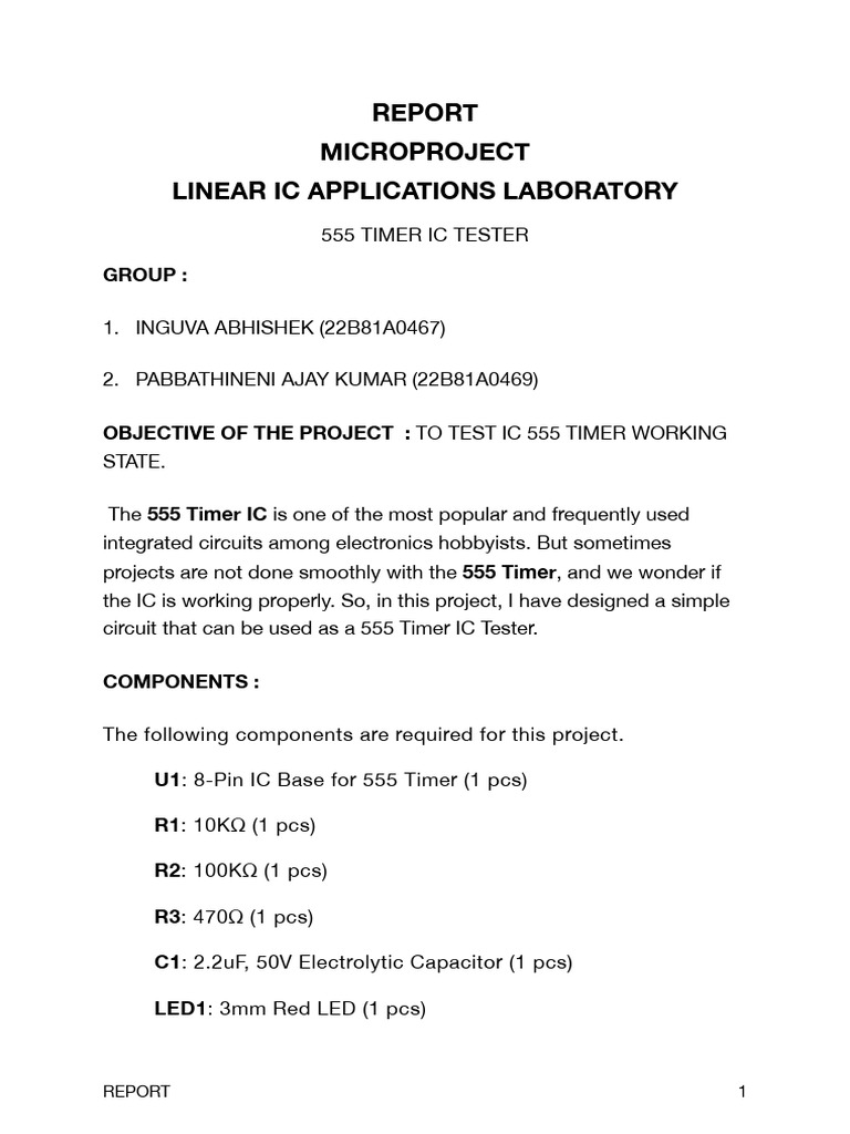 555 Timer IC Tester Project Report | PDF | Electrical Network | Power ...