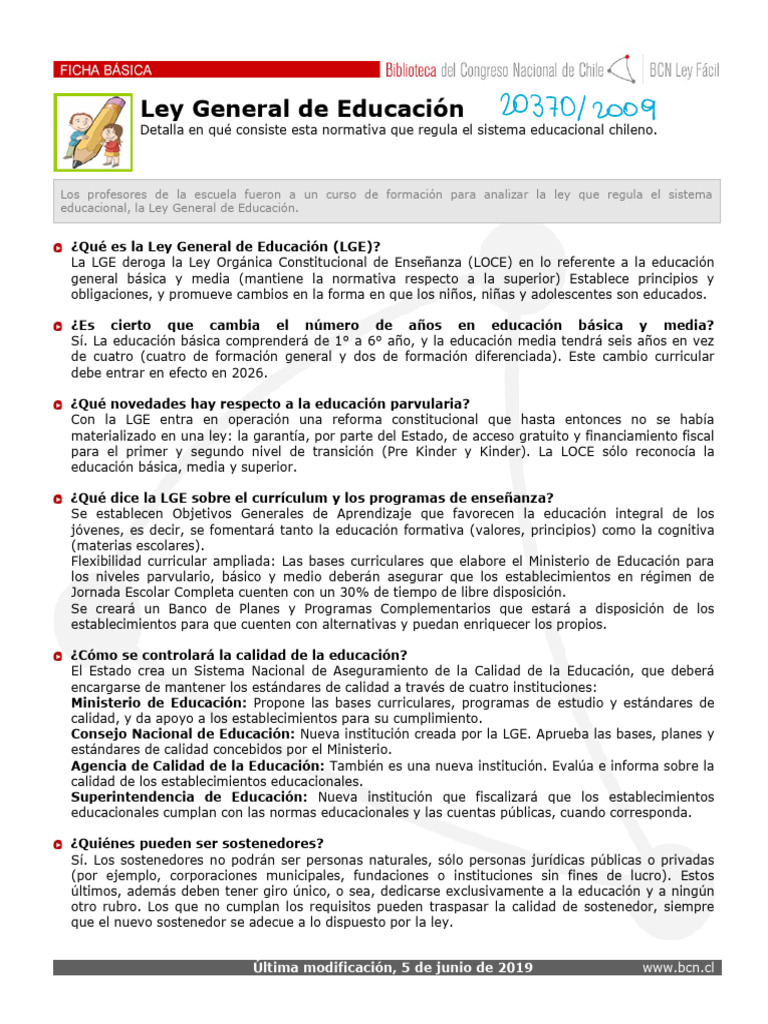 Ley General de Educación en Chile | PDF | Educación de la primera ...