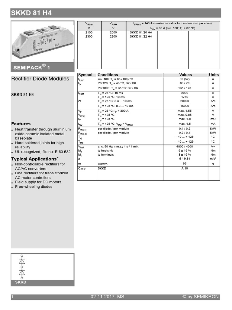 Modulo diodo Semikron SKKD 81/16 e sostuzione - AS Energi