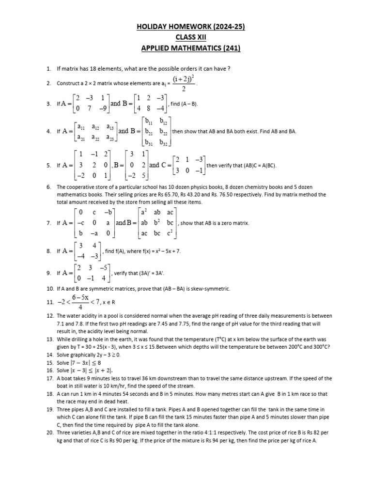 holiday-homework-xii-applied-pdf-matrix-theory-linear-algebra