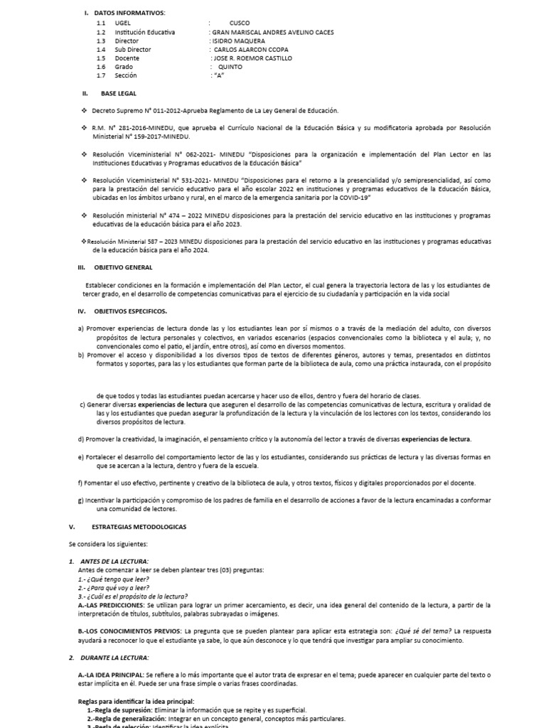 Implementación del Plan Lector en 5to A | PDF | Salón de clases | Maestros