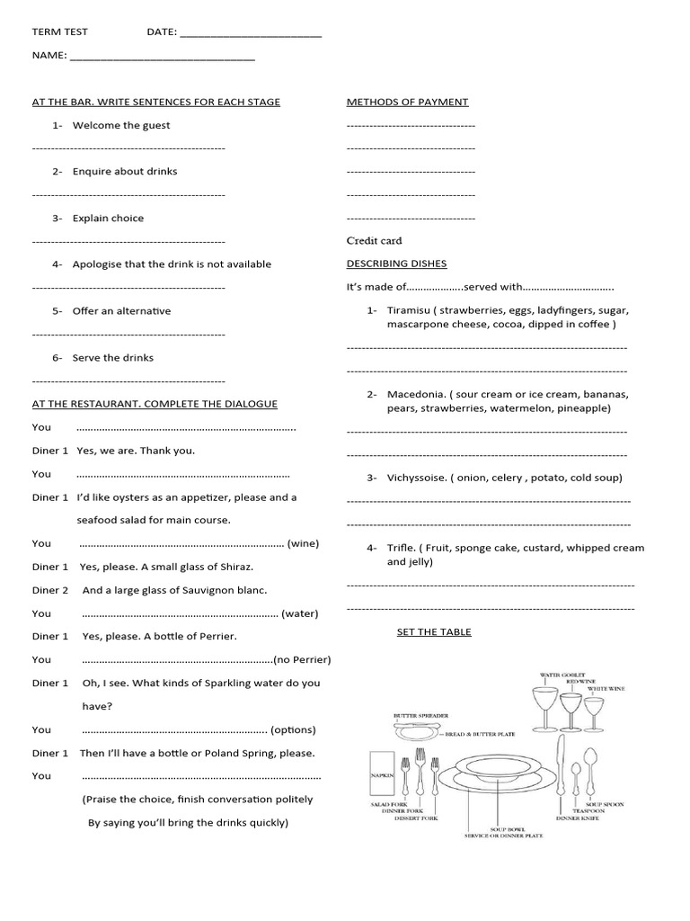 Restaurant Service Term Test Template | PDF | Cooking | Cuisine