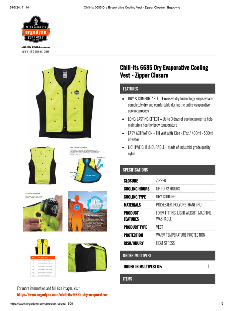 Dry Evaporative Cooling Vest - Ergodyne Spec Sheet | PDF | Materials ...