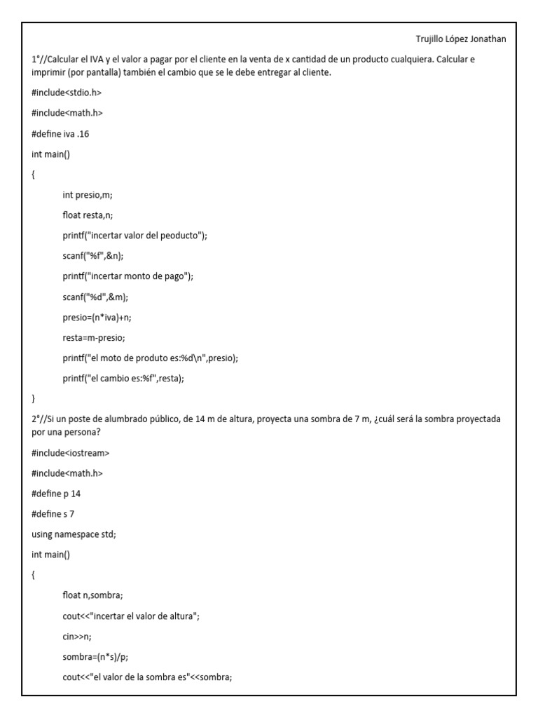 Cálculos Matemáticos en C++: IVA, Sombra y Más | PDF | Informática ...