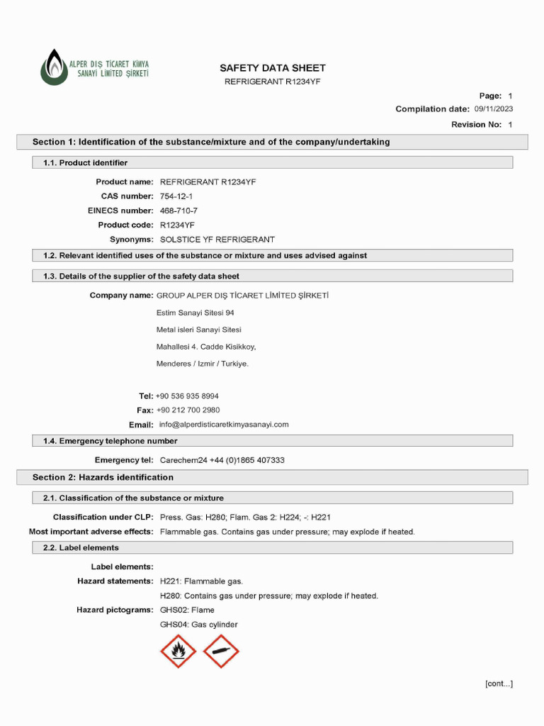 R1234yf MSDS | PDF
