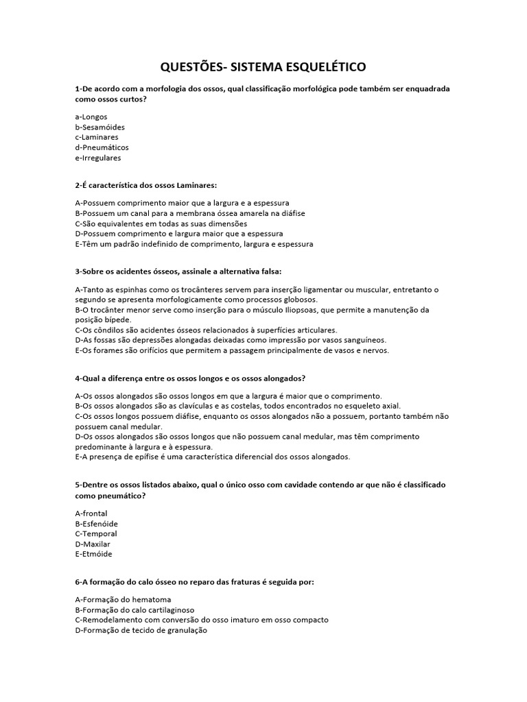 Questões sobre o Sistema Esquelético | PDF | Pélvis | Esqueleto