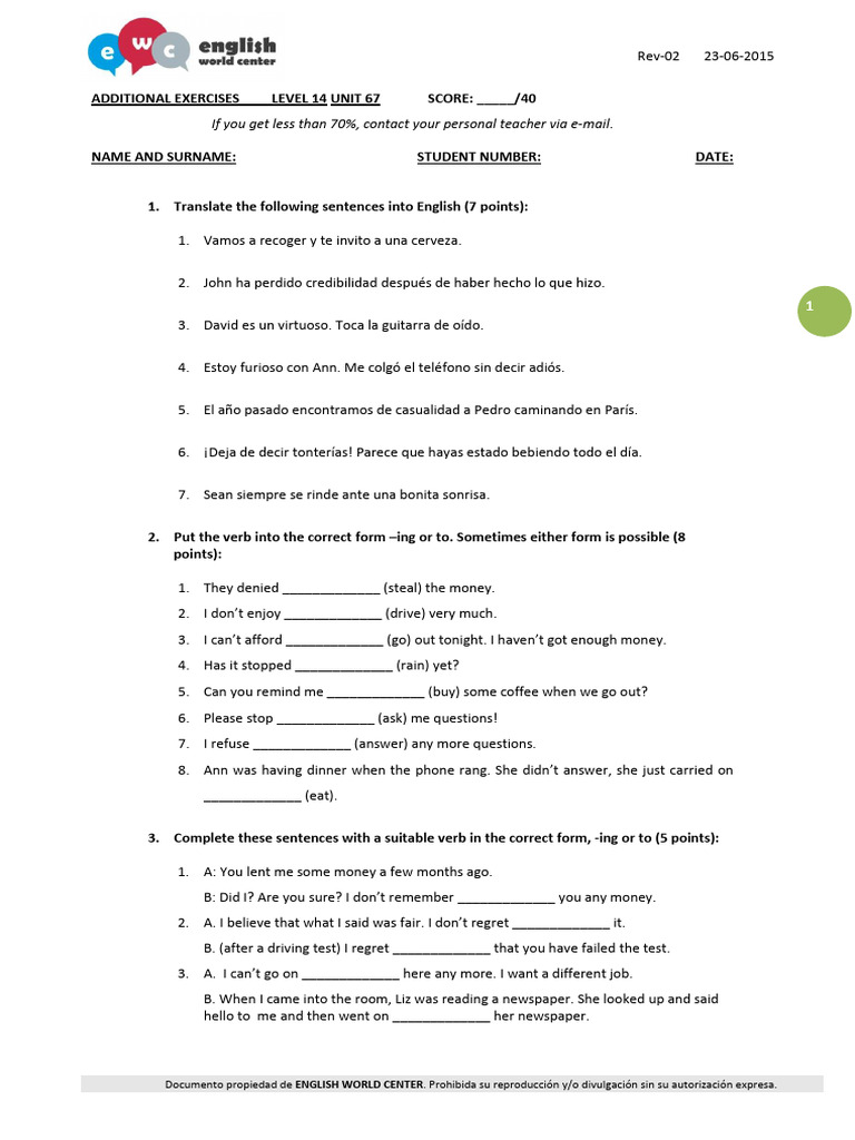 English Exercises for Level 14 Unit 67 | PDF
