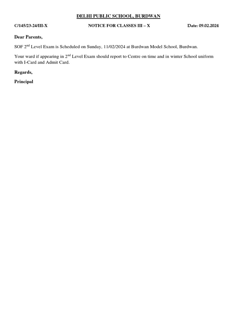 SOF 2nd Level Exam Notice for Classes III-X | PDF