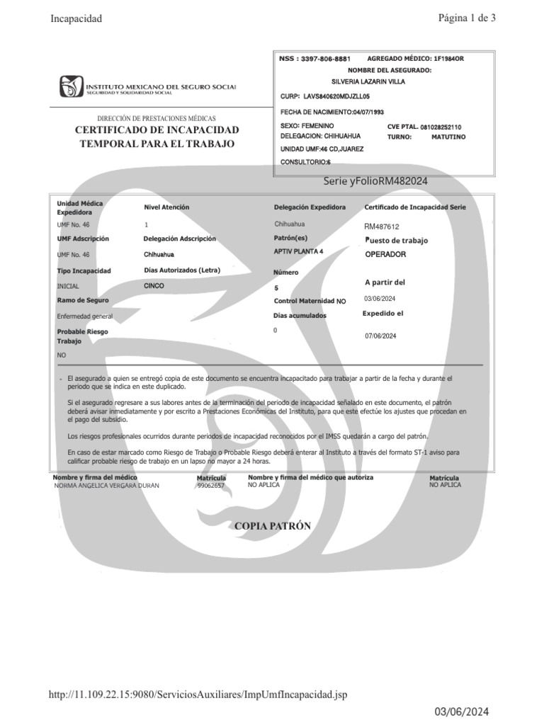Certificado de Incapacidad Temporal para El Trabajo: Serie Yfoliorm48 | PDF