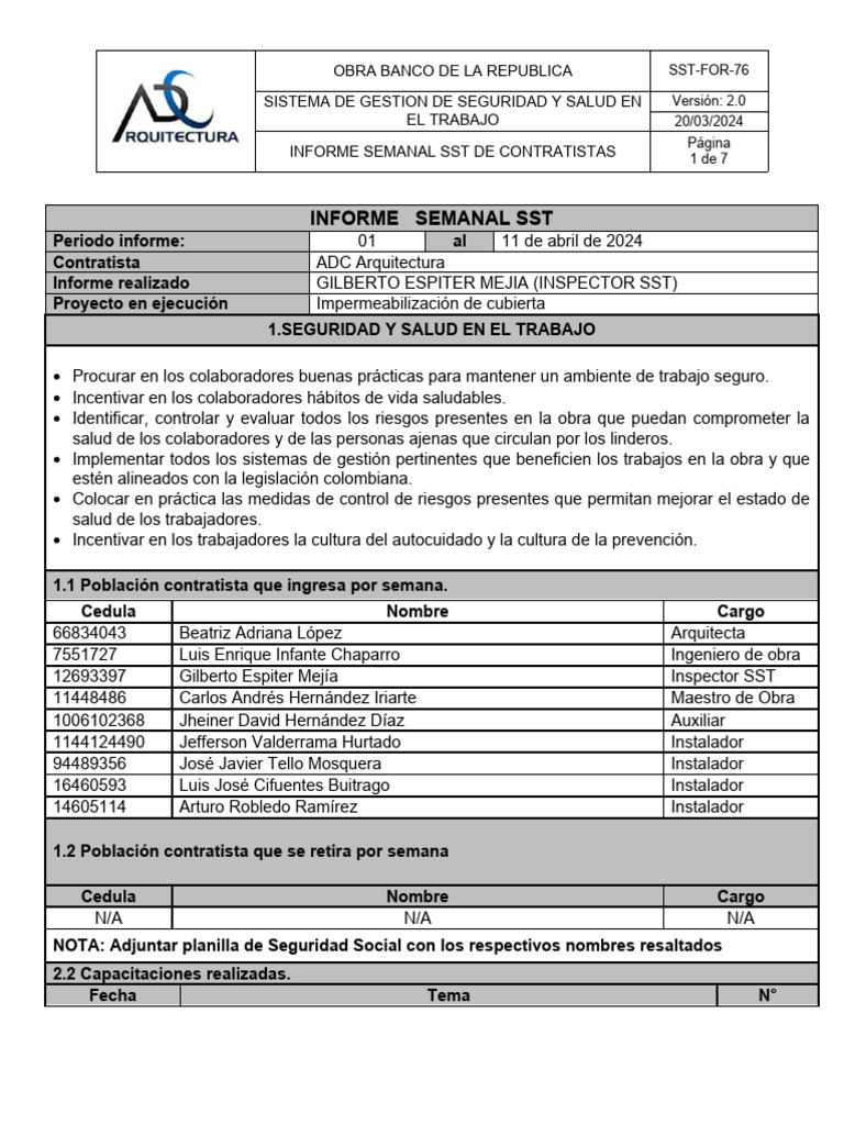 SST-FOR-76 INFORME SEMANAL SST Del 01 Al 11 de Abril | PDF