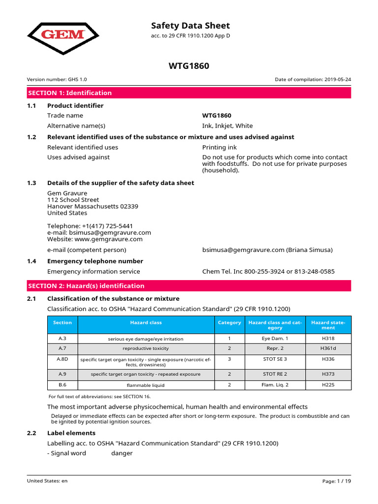 WTG1860 Printing Ink Safety Data Sheet | PDF | Occupational Safety And ...
