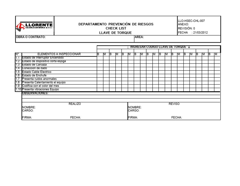 Check List de Inspección de Torque | PDF