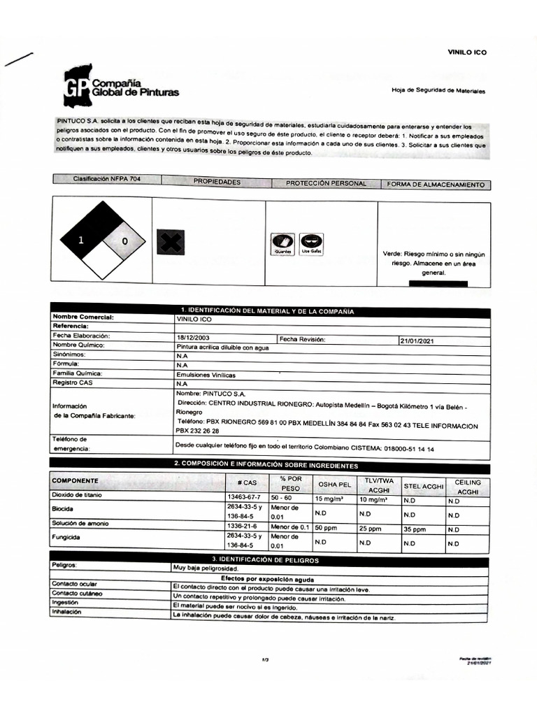 MSDS Vinilo Ico 21-01-2021 | PDF