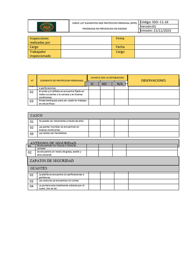 Checklist de EPP para Inspecciones | PDF