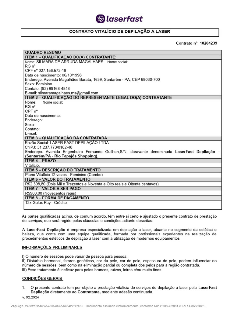 Contrato Vitalício de Depilação a Laser | PDF | Gravidez | Tempo