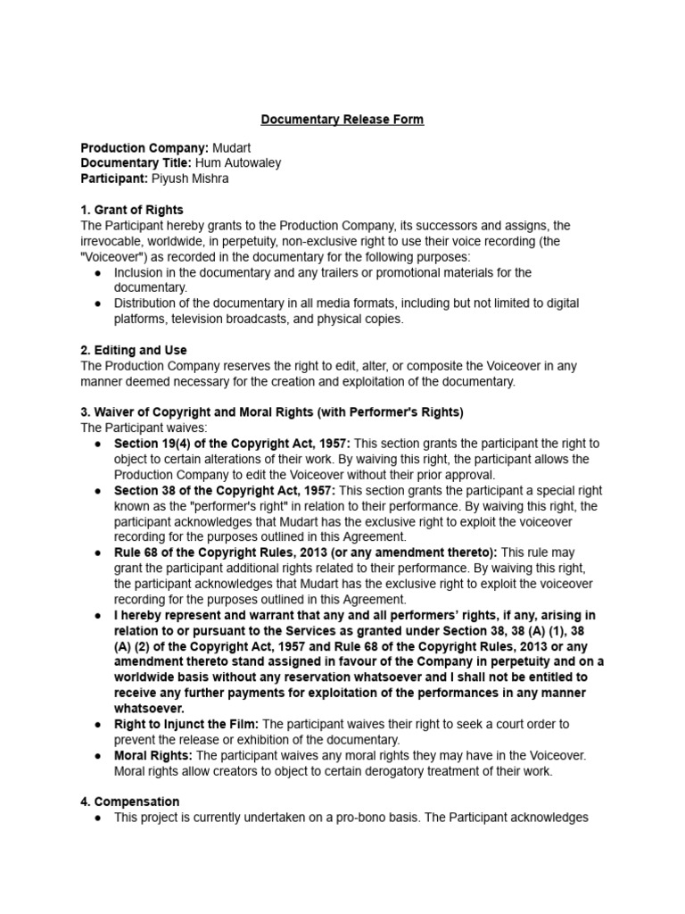 Documentary Release Form 1 Download Free PDF Indemnity Copyright