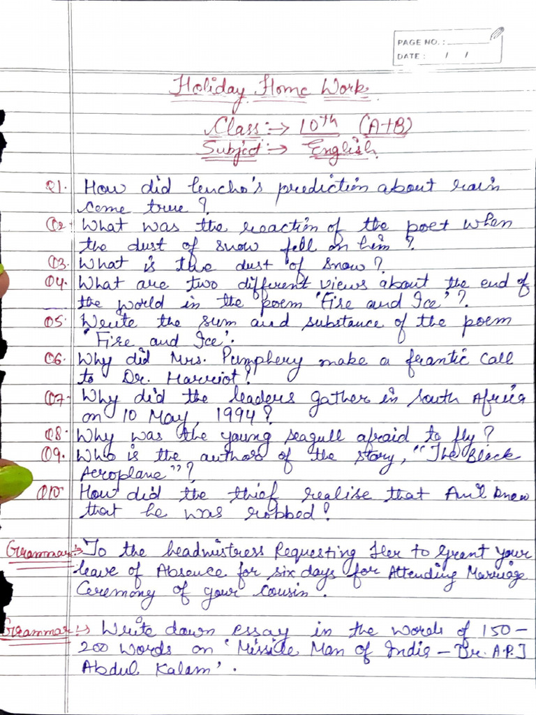 Class-10 English Worksheet Holiday Homework | PDF