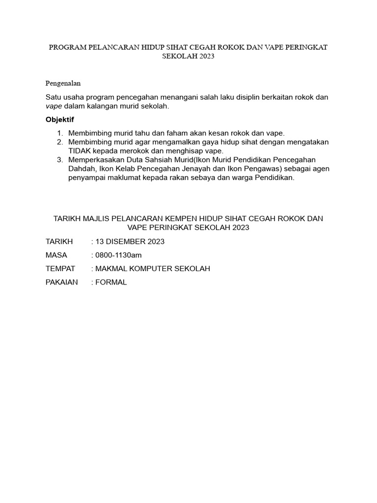 Program Pelancaran Hidup Sihat Cegah Rokok Dan Vape Peringkat Sekolah ...