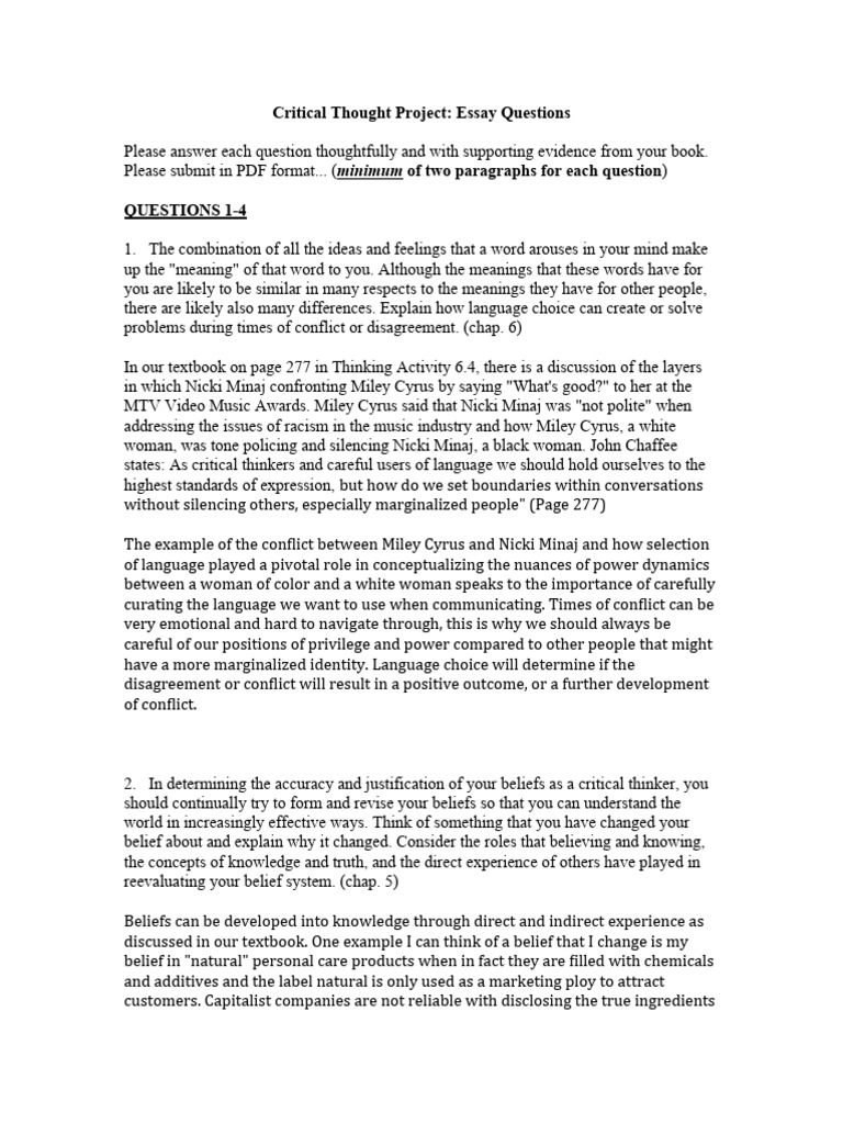 Critical Thought Project: Essay Prompts | PDF | Knowledge | Critical ...