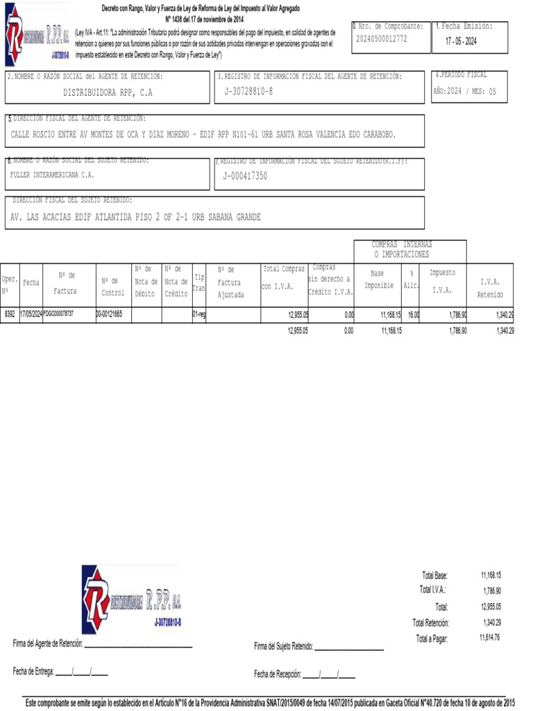 Comprobante de Retención de IVA 2024 | PDF | Impuesto al valor agregado ...