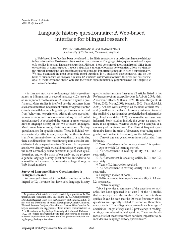 2006 language history questionnaire pdf second language