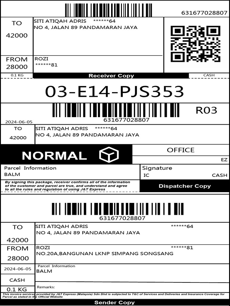 J&T Express Waybill Sample PJS353 | PDF