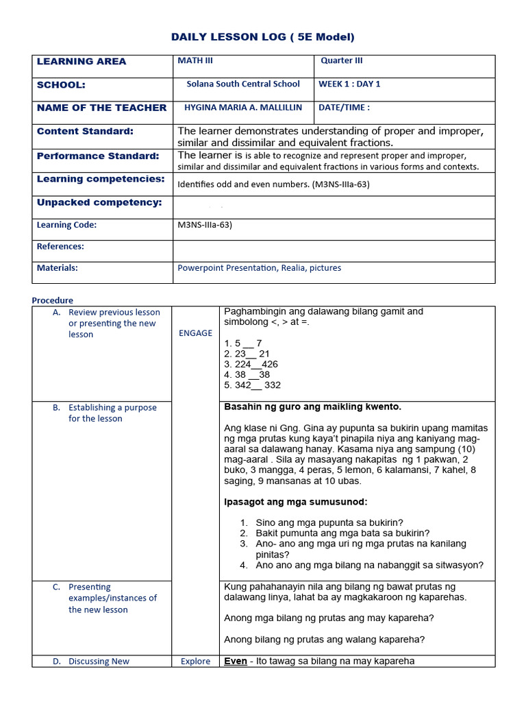 Daily Lesson Log Math 3 Q3 Week 1 | PDF | Ratio | Learning