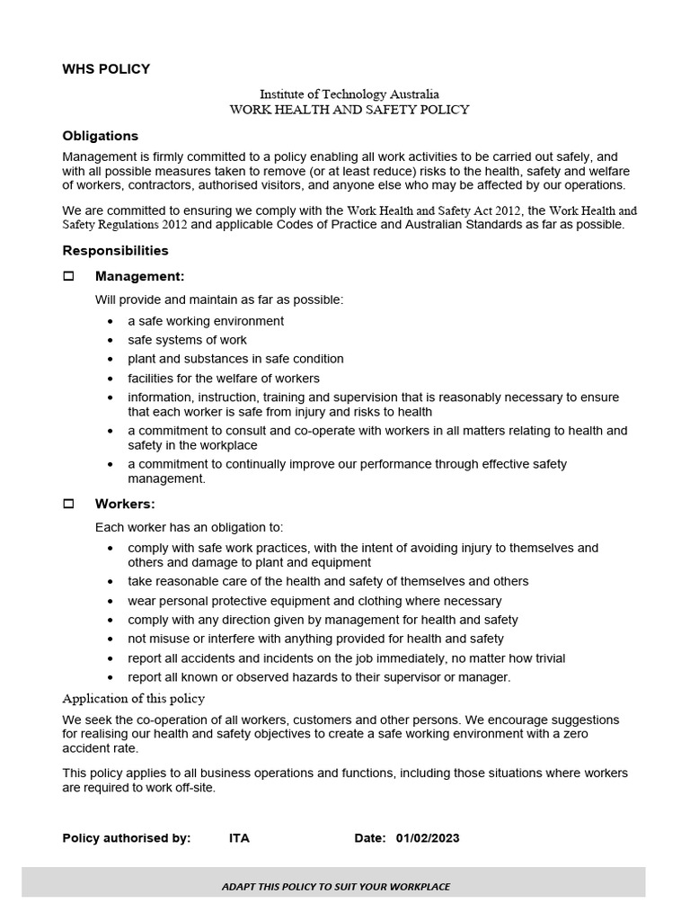 Work Health and Safety Policy Overview | PDF | Occupational Safety And ...