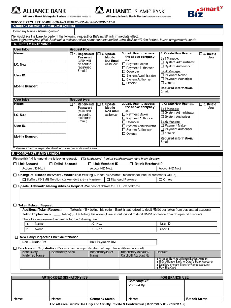 Bizsmart Service Request Form | PDF | Debit Card | Banks