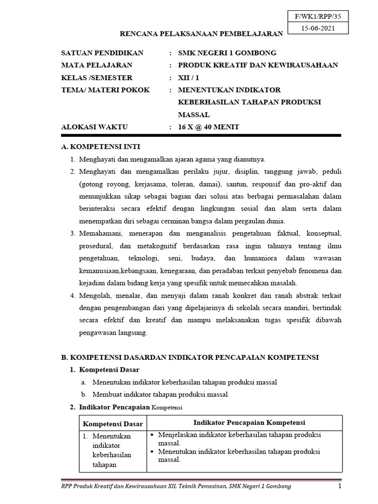 7i.2.RPP Menentukan Indikator Keberhasilan Produksi Massal | PDF