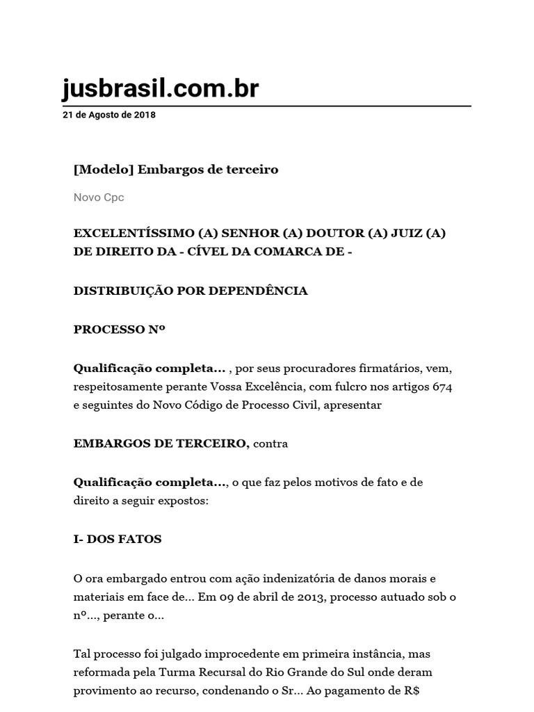 (Modelo) Embargos de Terceiro | PDF | Sentença (jurídico) | Jurisprudência