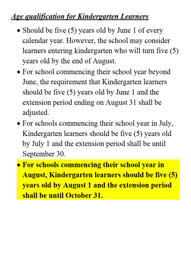 Kindergarten Age Requirements Guide | PDF